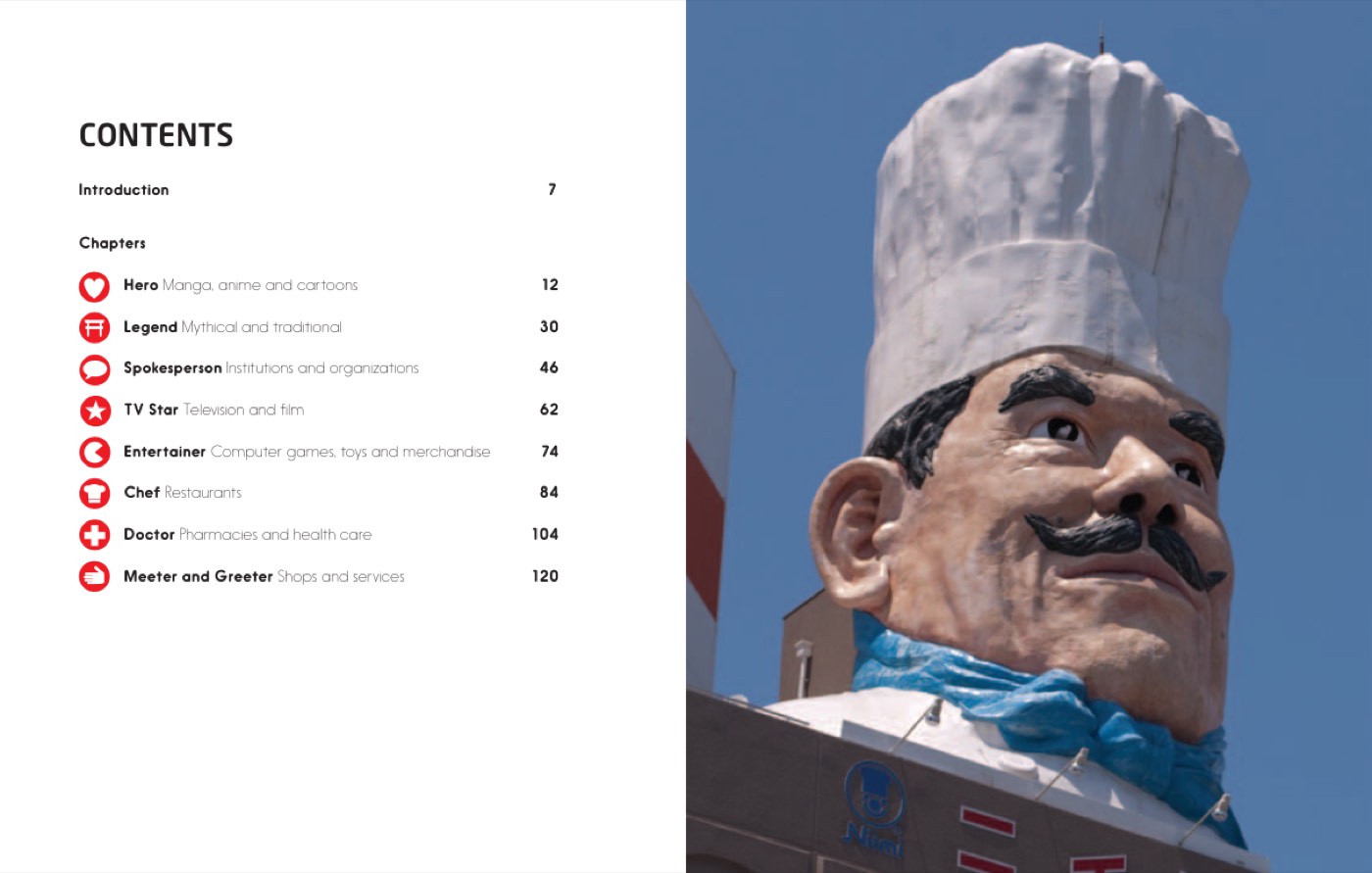 A book spread: the contents page listing eight chapters, opposite a photo of a giant chef statue.