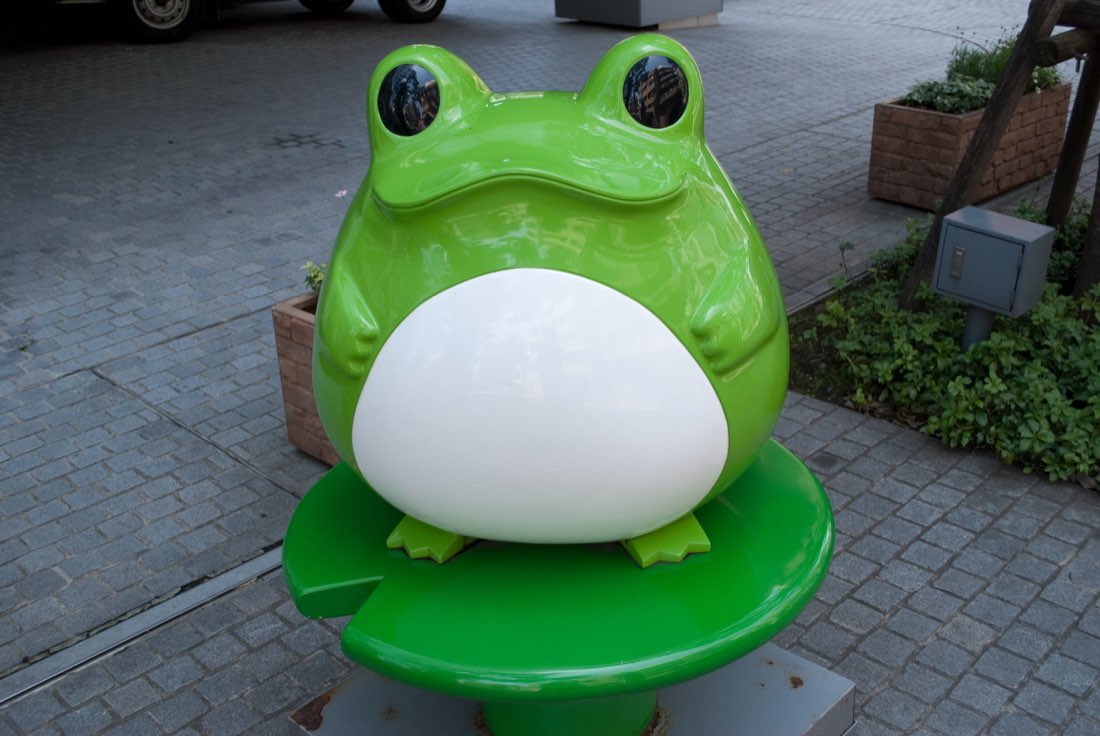 A glossy green frog statue with a white belly on a green plinth outside a shop.